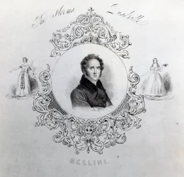 Omslag till Noter för en Quadrille, med ett porträtt av Vincenzo Bellini